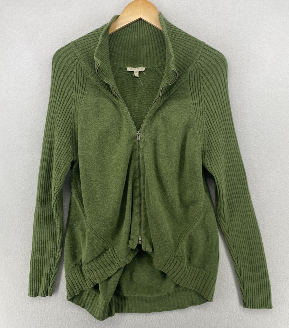 EILEEN FISHER Sweater PL Organic Cotton Cardigan Mock Neck Full Zip Green